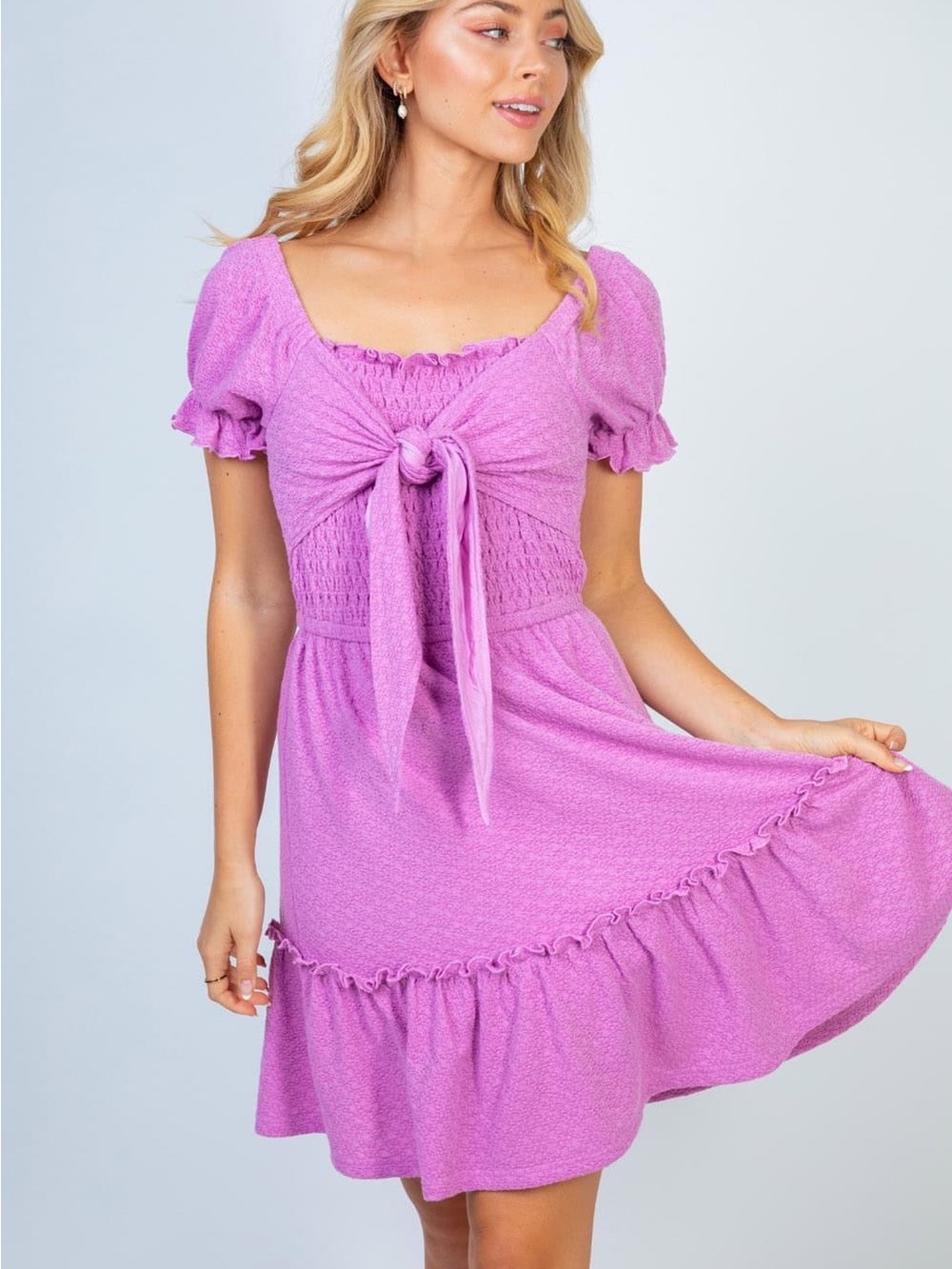 M L XL Lavender Tie-Front Smocked Mini Dress
